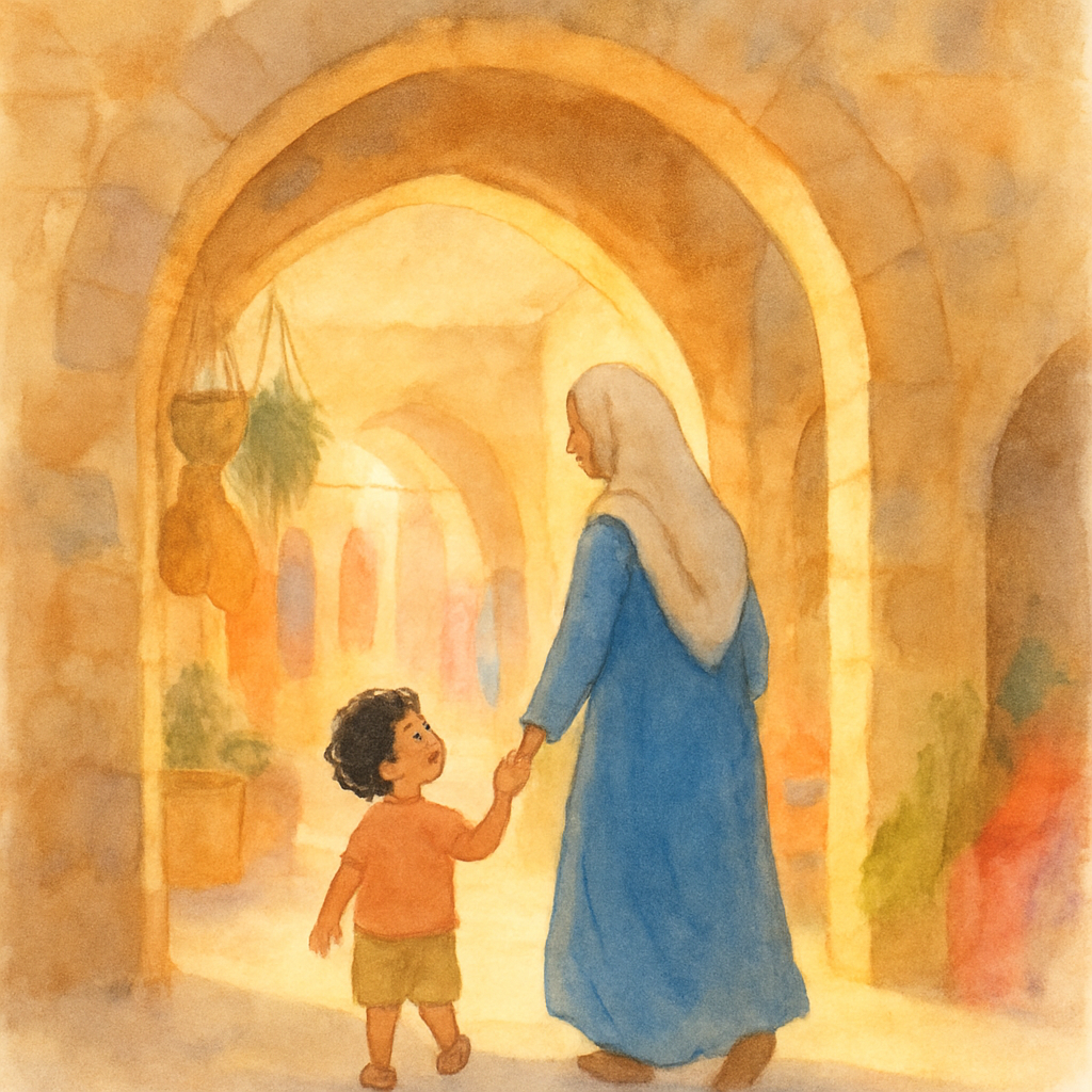 A soft watercolor illustration of a small child, maybe 4 years old, with curly dark hair, holding the hand of a warm-looking mother in a long blue dress and a light scarf. They are walking into the en
