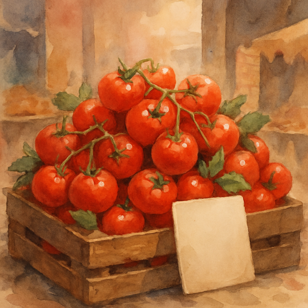 A wooden crate at a souk stall, piled high with bright red ripe tomatoes, still on the vine in places, with a few green leaves tucked between. A small handwritten paper sign rests against the crate (b