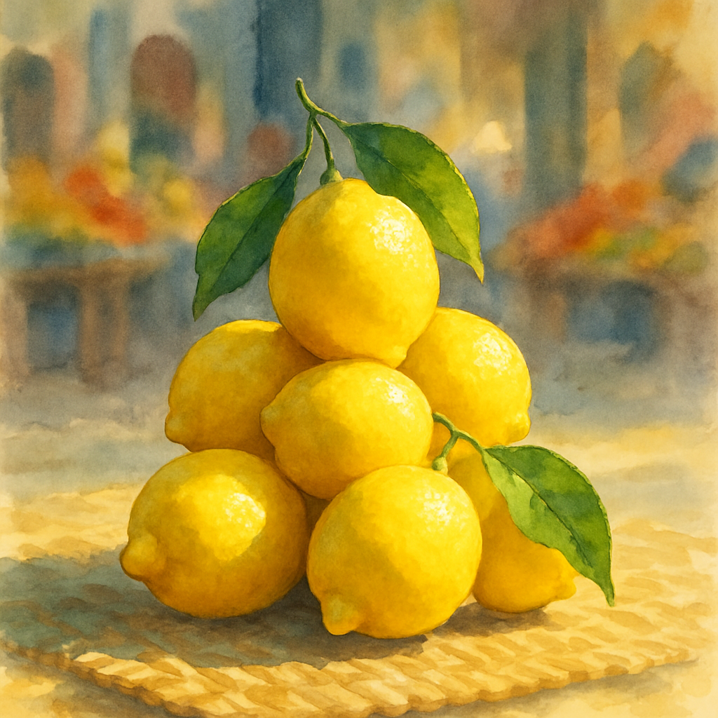 A small pyramid of bright yellow lemons stacked on a woven straw mat, with two or three green leaves still attached to the stems. Behind them, the soft blur of a souk stall. The yellow is fresh and ch