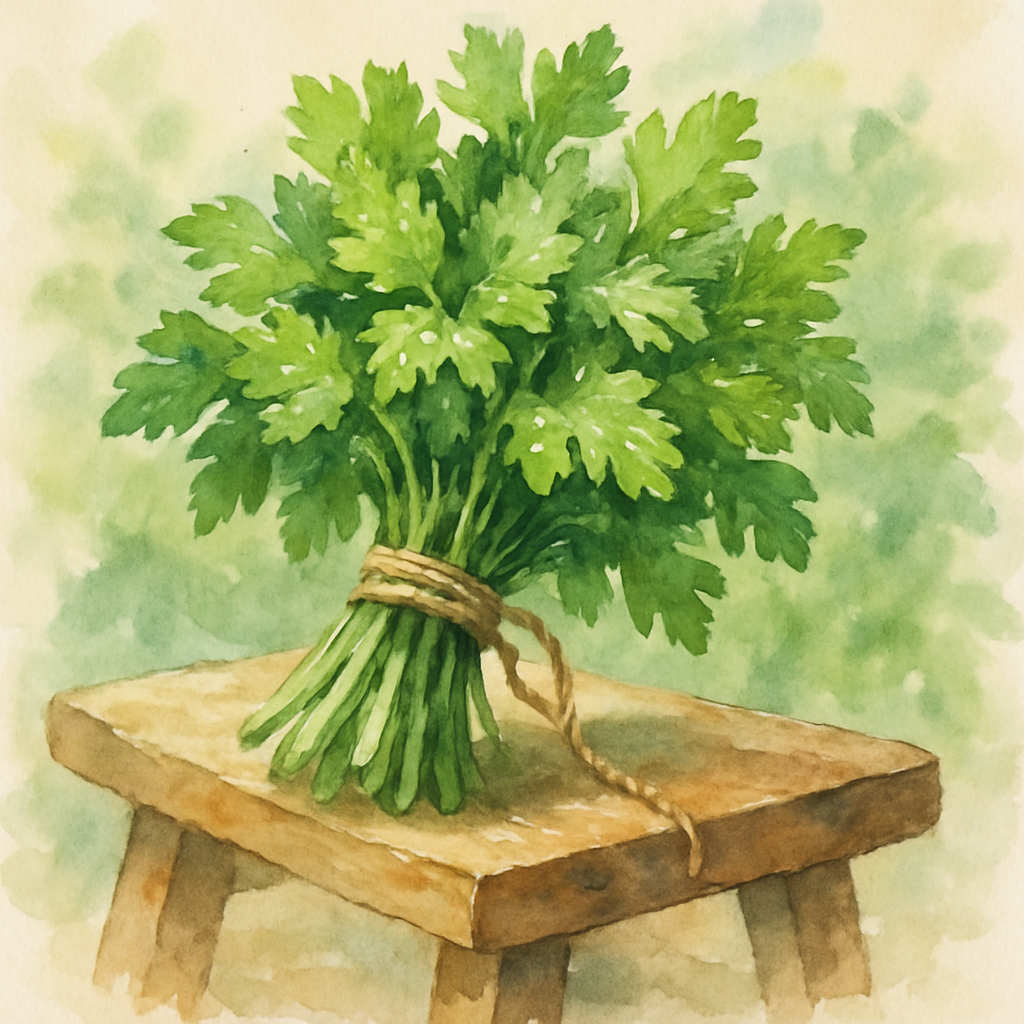 A generous bunch of fresh green parsley tied with simple twine, resting on a wooden vegetable stand. A few droplets of water still cling to the leaves, as if just rinsed. The green is bright and alive