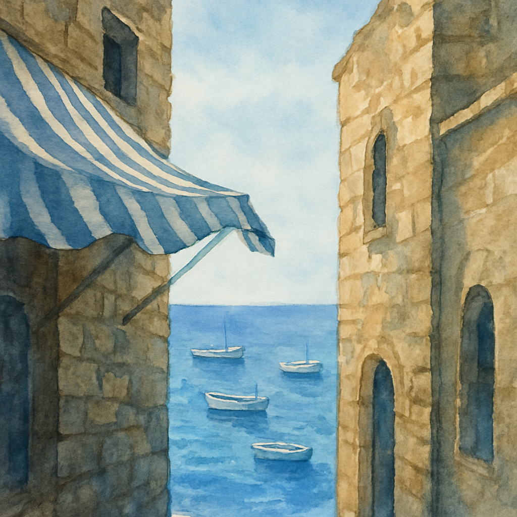 A view from the edge of the souk: between two old stone buildings, a clear glimpse of the blue Mediterranean Sea. Small white fishing boats bob on the water. The sky above is a paler blue. A breeze ru