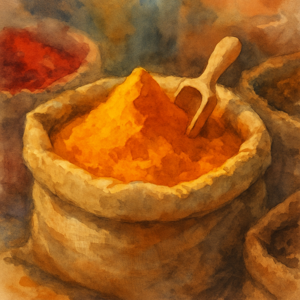 An open burlap sack at a spice stall, filled with bright orange turmeric powder, mounded into a soft peak. A small wooden scoop rests in the powder. Beside it, just visible, the edges of other spice s