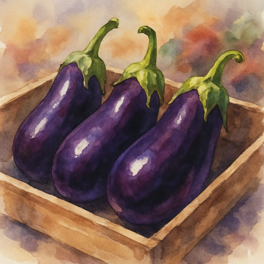 Three glossy deep-purple eggplants resting in a shallow wooden crate, their green stems curving up like little crowns. The skin catches a soft highlight of light. Behind them, a hint of more vegetable