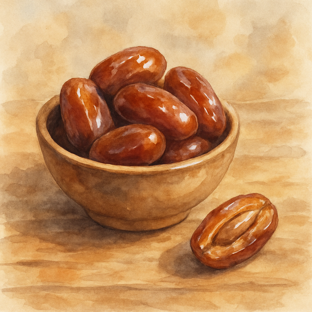 A small clay bowl filled with plump brown dates, glistening softly. One date rests beside the bowl, slightly open to show the pit. The wooden counter under the bowl is warm and old. Watercolor style, 