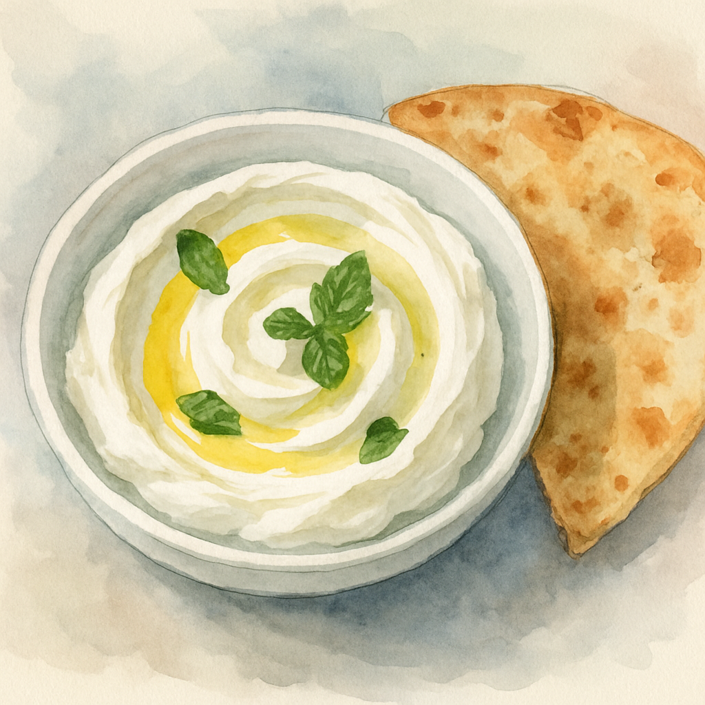 A small white ceramic dish of fresh labneh (strained yogurt), smoothed into a soft swirl, drizzled with a thin ribbon of olive oil and sprinkled with a few green mint leaves. Beside it, a piece of fla