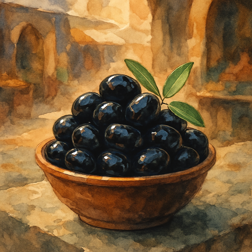 A small clay bowl piled with shiny black olives, glistening with a touch of oil. One or two olive leaves rest on top. The bowl sits on a stone counter at a souk stall. Soft, warm afternoon light. Wate