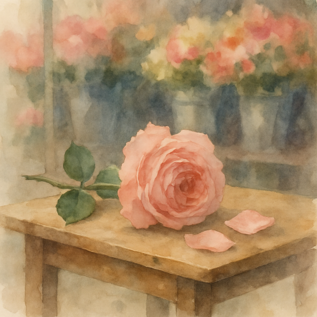 A single pink rose resting on a small wooden table at a flower seller's stall, its petals soft and layered in light pinks and corals. A few loose petals have fallen beside it. Behind, the gentle blur 