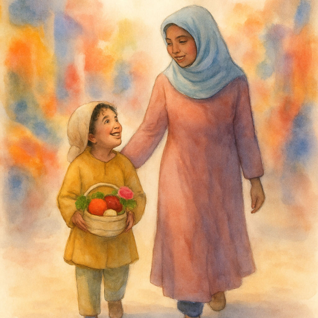 The same child and mother from the cover, now walking back out of the souk, the child holding a small woven basket filled with a tomato, a lemon, a sprig of parsley, a date, and one pink rose tucked o