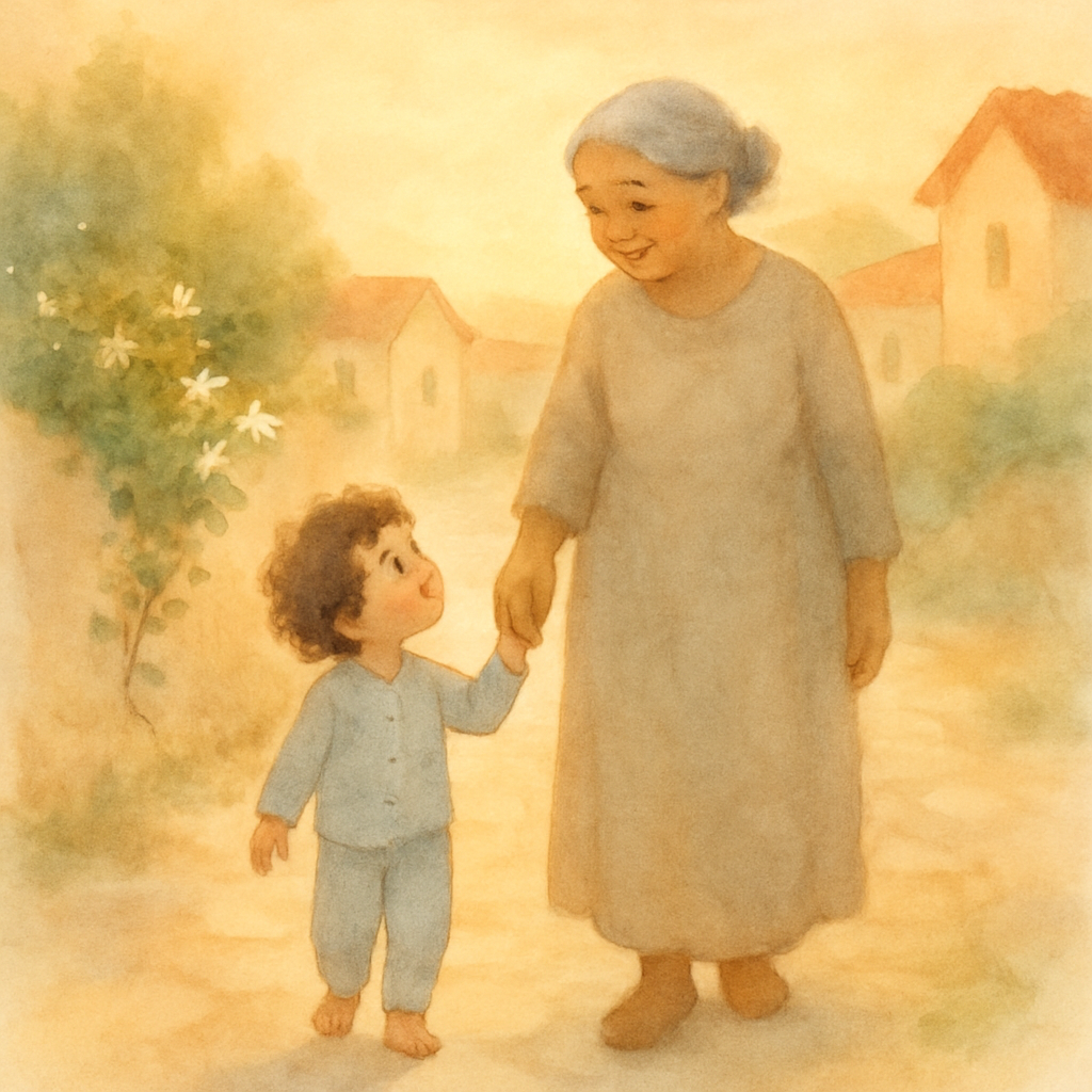 A soft watercolor illustration of a small barefoot child, maybe 4 years old, with curly hair and pajamas, holding the hand of a gentle grandmother in a long simple dress. They are walking along a quie
