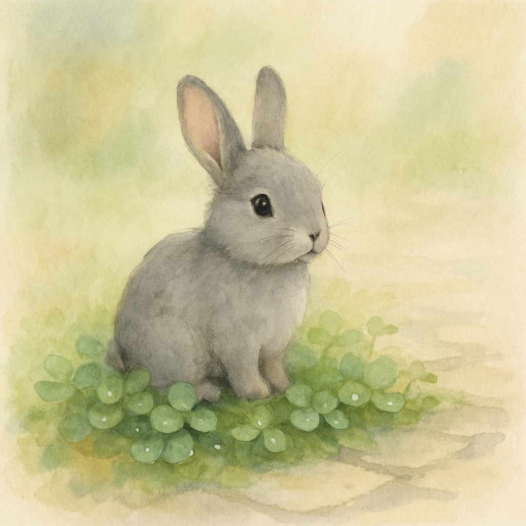 A single small grey rabbit sitting in a patch of green clover on the stone path. The rabbit's ears are pricked up, alert and gentle. Morning dew on the clover. The background is soft, blurred green an