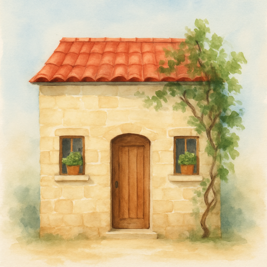 A simple, charming Levantine village house — pale sandstone walls, a red-tile roof, one wooden door, two small windows with potted basil on the sills. A grapevine climbs the side wall. The sky behind 