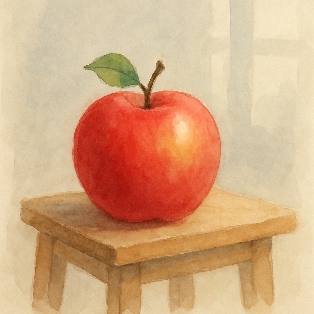 A single red apple resting on a small wooden table, beside it a tiny green leaf still attached to the stem. A few light strokes of watercolor red, with a soft yellow blush on one side. Behind, only a 
