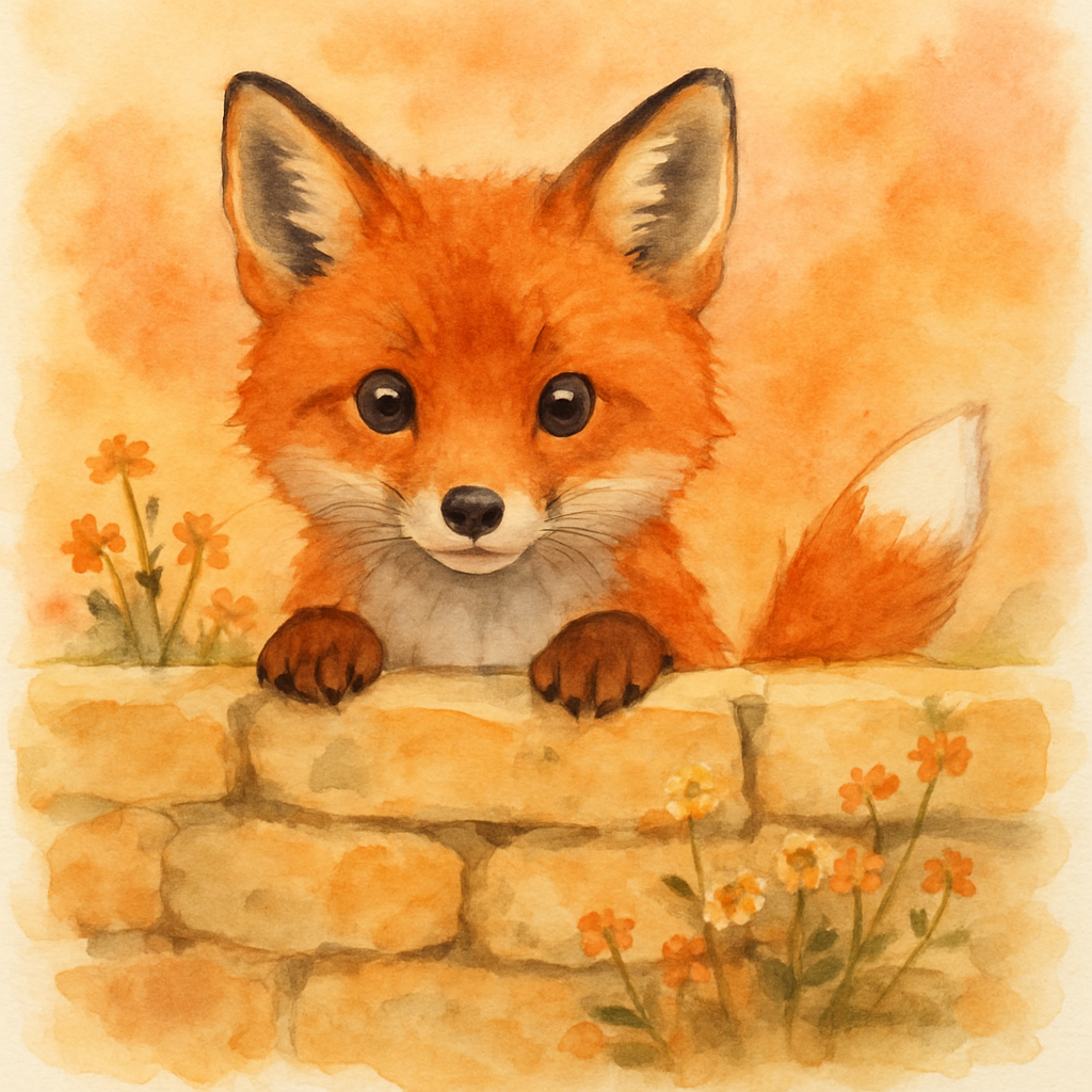 A small reddish-brown fox peeking out from behind a low stone wall, only the head and front paws visible. Bright curious eyes, a white-tipped tail just barely showing. The wall has tiny wild flowers g