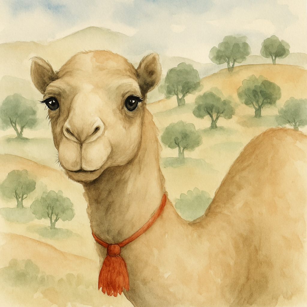 A gentle camel with kind eyes and long lashes, head turned to look directly at the reader. Soft beige fur, a single tassel of red wool around its neck (no saddle, no rider, no desert tropes — just the