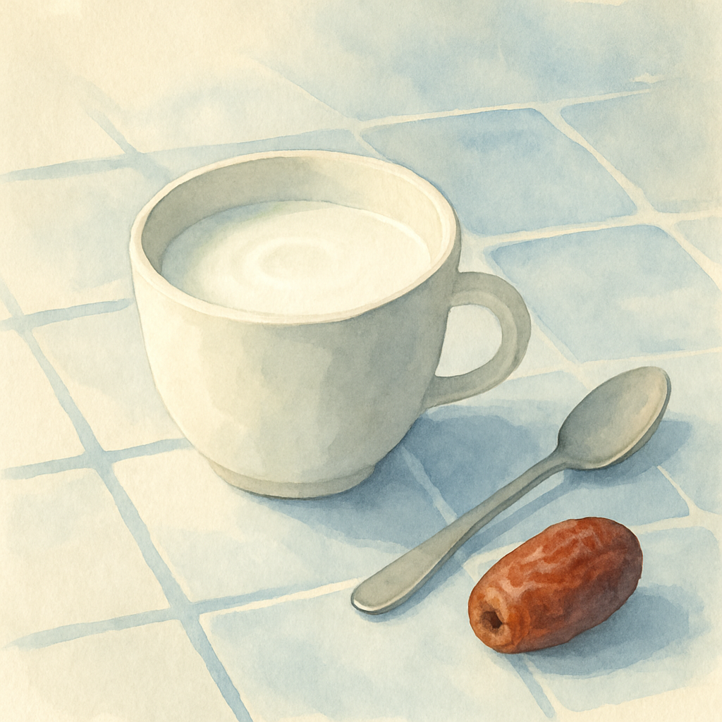 A small white ceramic cup of milk on a blue-and-white tile counter. A tiny ripple in the milk, as if just set down. Beside it, a small spoon and one fresh date. Morning light. Watercolor style, very s