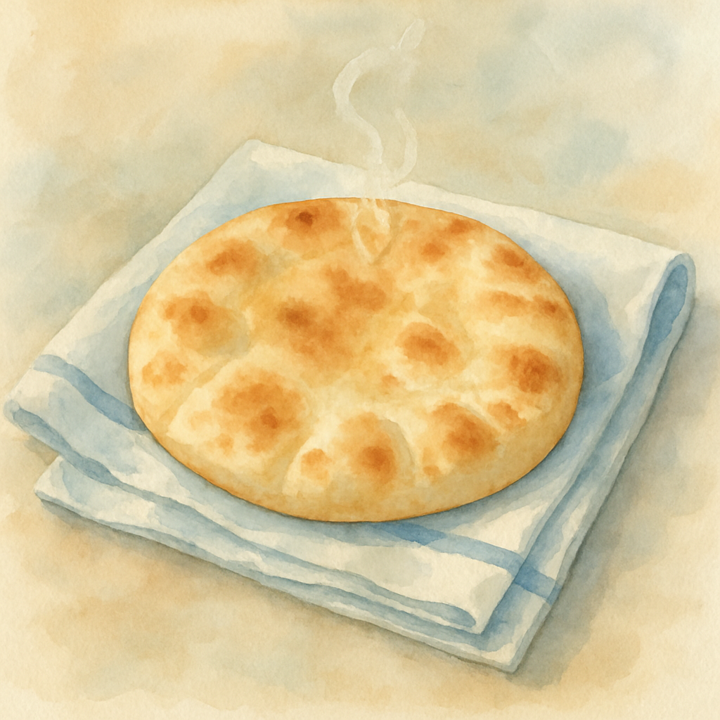 A single round flatbread (khubz / pita) resting on a folded cotton cloth, still warm — a faint wisp of steam rising. The cloth is pale blue with a thin stripe. The bread is golden-brown with the typic