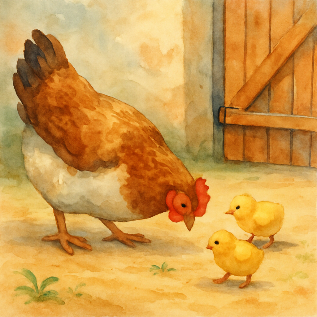 A plump brown-and-white hen pecking gently in a courtyard, with two small yellow chicks following close behind. The ground is packed earth with a few green sprouts. A wooden gate at the edge of the fr