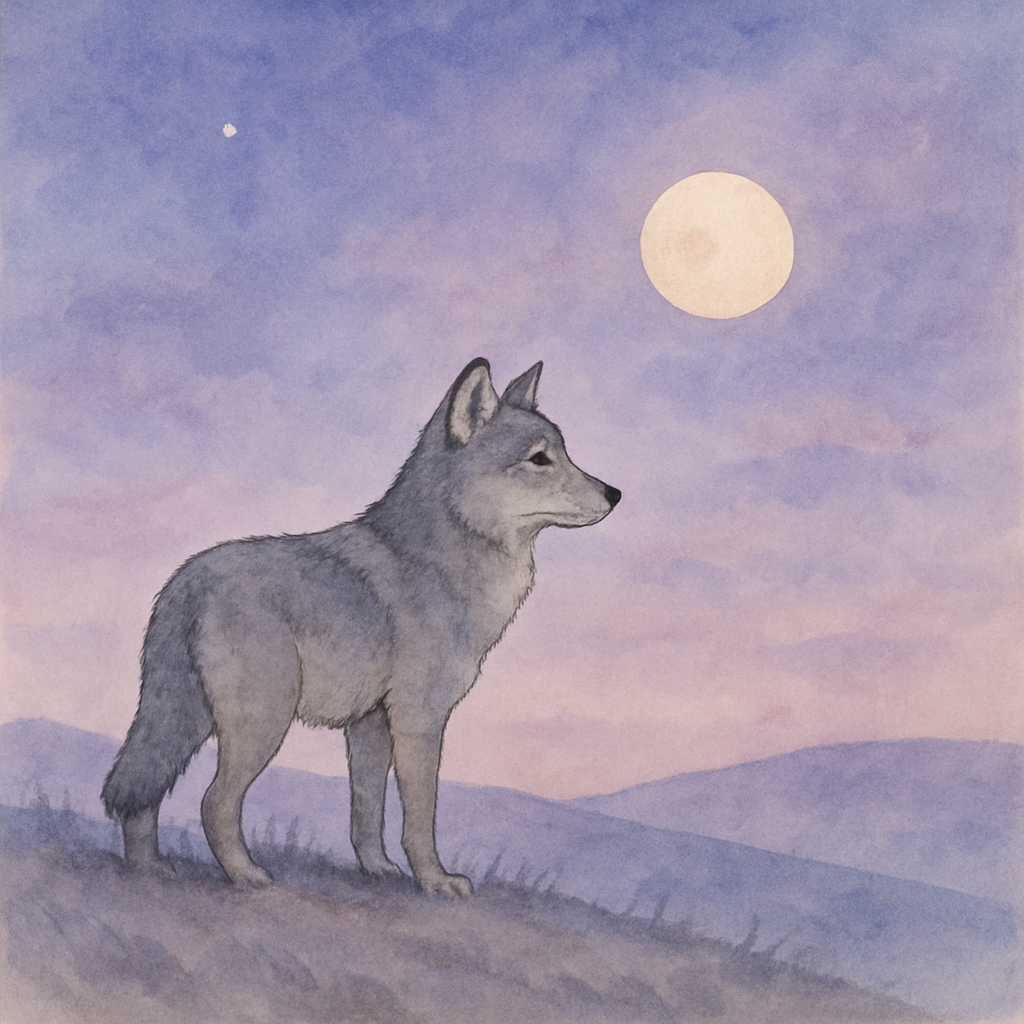 A young grey wolf seen from a respectful distance, standing on a hill at twilight. The wolf is calm, not threatening — just present, watching the moon rise. Soft purple and blue tones in the sky, one 