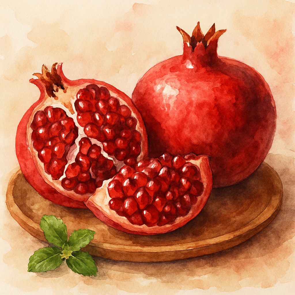 A pomegranate split open on a wooden plate, the ruby seeds glistening. Beside it, a whole pomegranate, deep red with a small crown at the top. A tiny bunch of mint leaves nearby. Watercolor style, ric