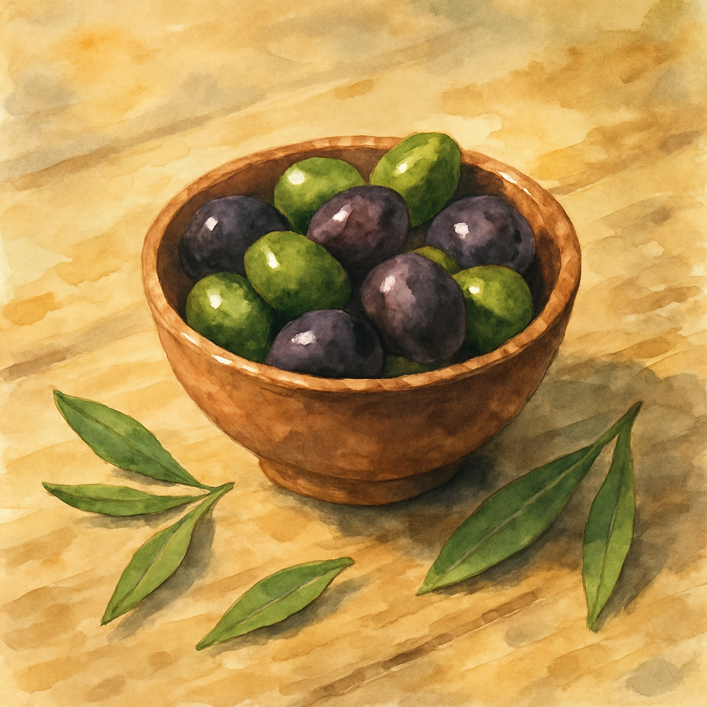 A small clay bowl filled with dark green and purple-black olives. A few olive leaves scattered around the bowl. The wooden table is bare and old, well-loved. The light is afternoon golden. Watercolor 