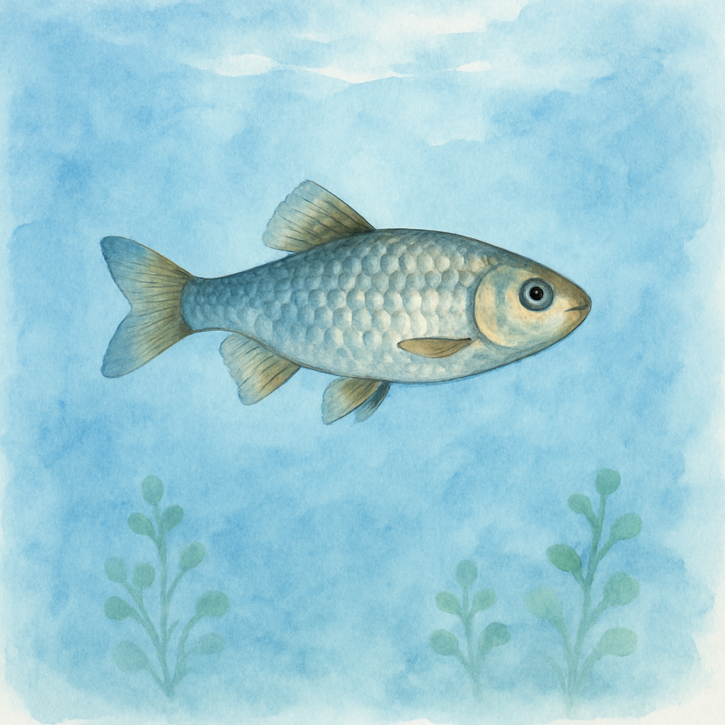 A single small fish swimming through clear blue water, scales shimmering in light from above. Tiny green water plants in the background. The fish is centered, calm, looking content. Watercolor style w