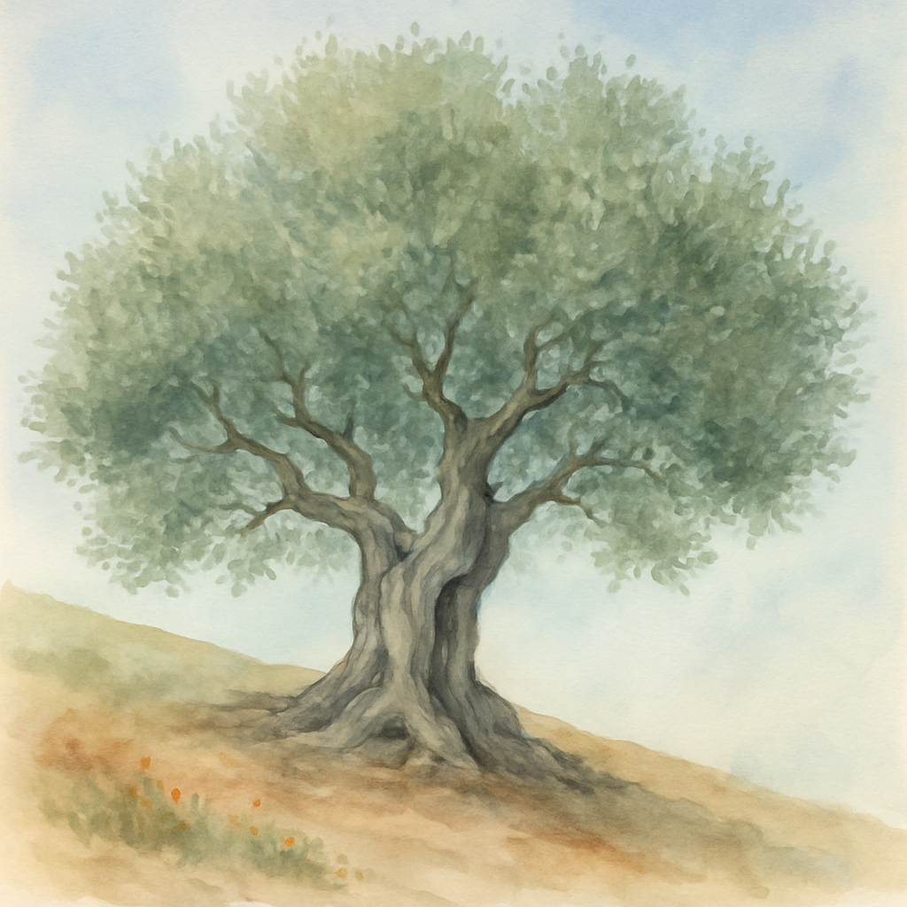 A single old olive tree on a hillside, gnarled silver trunk, with a wide canopy of small silver-green leaves. The sky behind is pale blue. The ground at its base is dry earth with a few wildflowers. W