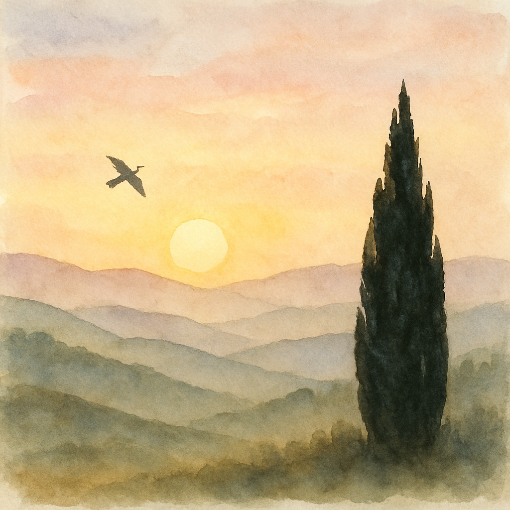 The sun rising over Levantine hills, soft yellow and pink in the sky. A small bird flying across the scene. A single cypress tree silhouetted in the foreground. The light is gentle, full of beginning.