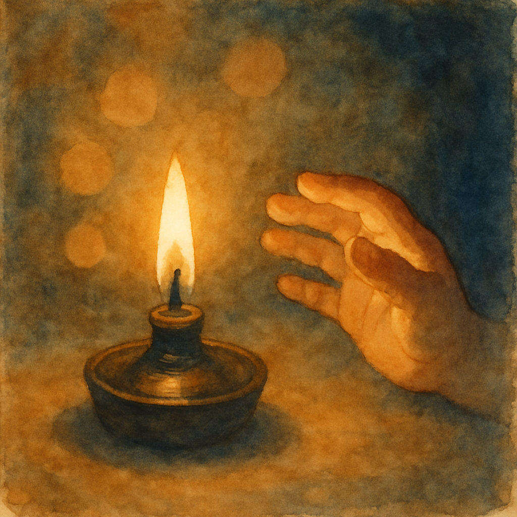 A single small flame from an oil lamp glowing warmly against a dim background. The light spills out in soft golden circles. A child's hand, just barely visible, cupped near the lamp — not touching, ju