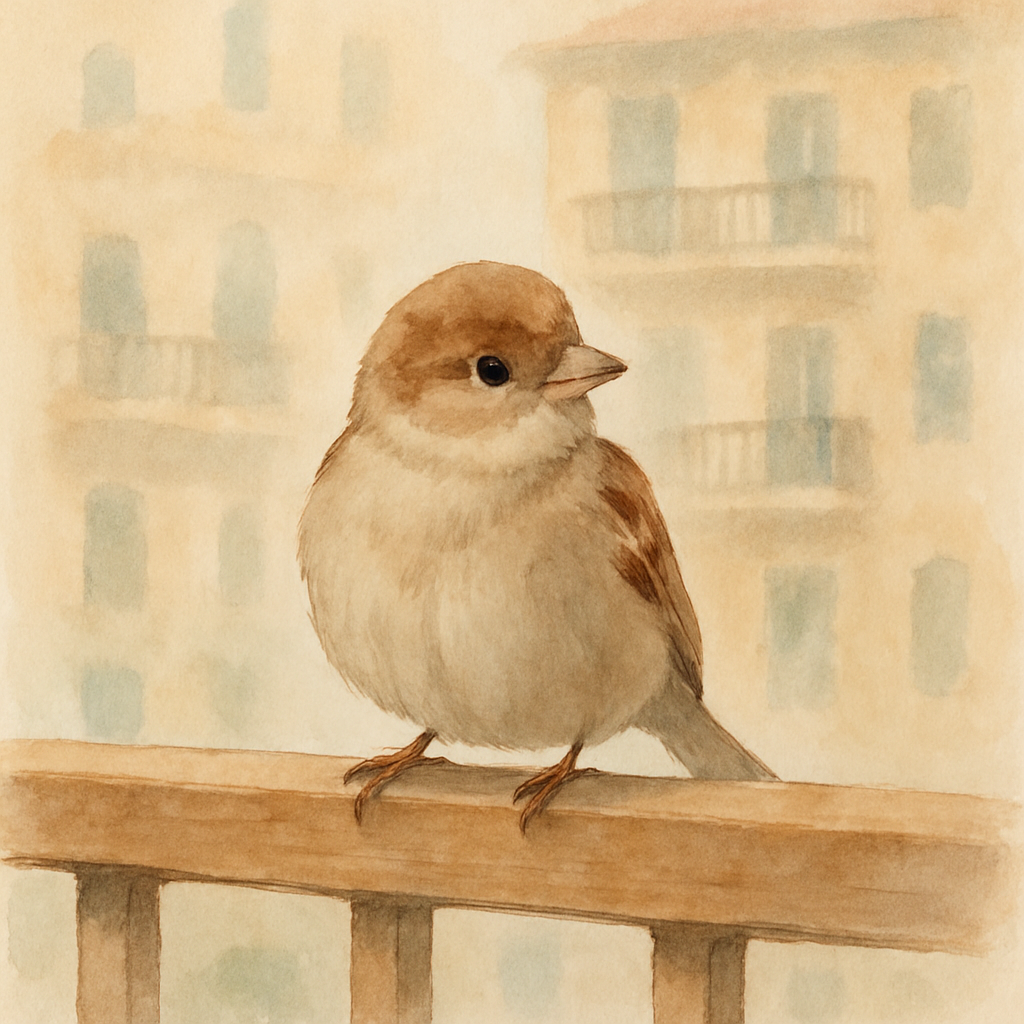 A small brown sparrow perched on a wooden balcony railing, head tilted as if listening. Behind, the soft blur of a Levantine apartment building. The bird is centered and clear, the smallest puff of fe