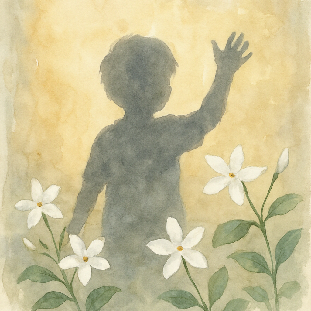 The shadow of a child playing on a sunlit wall — the child themselves not visible, only the shadow shape, with one arm raised. A few jasmine flowers in the foreground. Watercolor style, soft contrast.