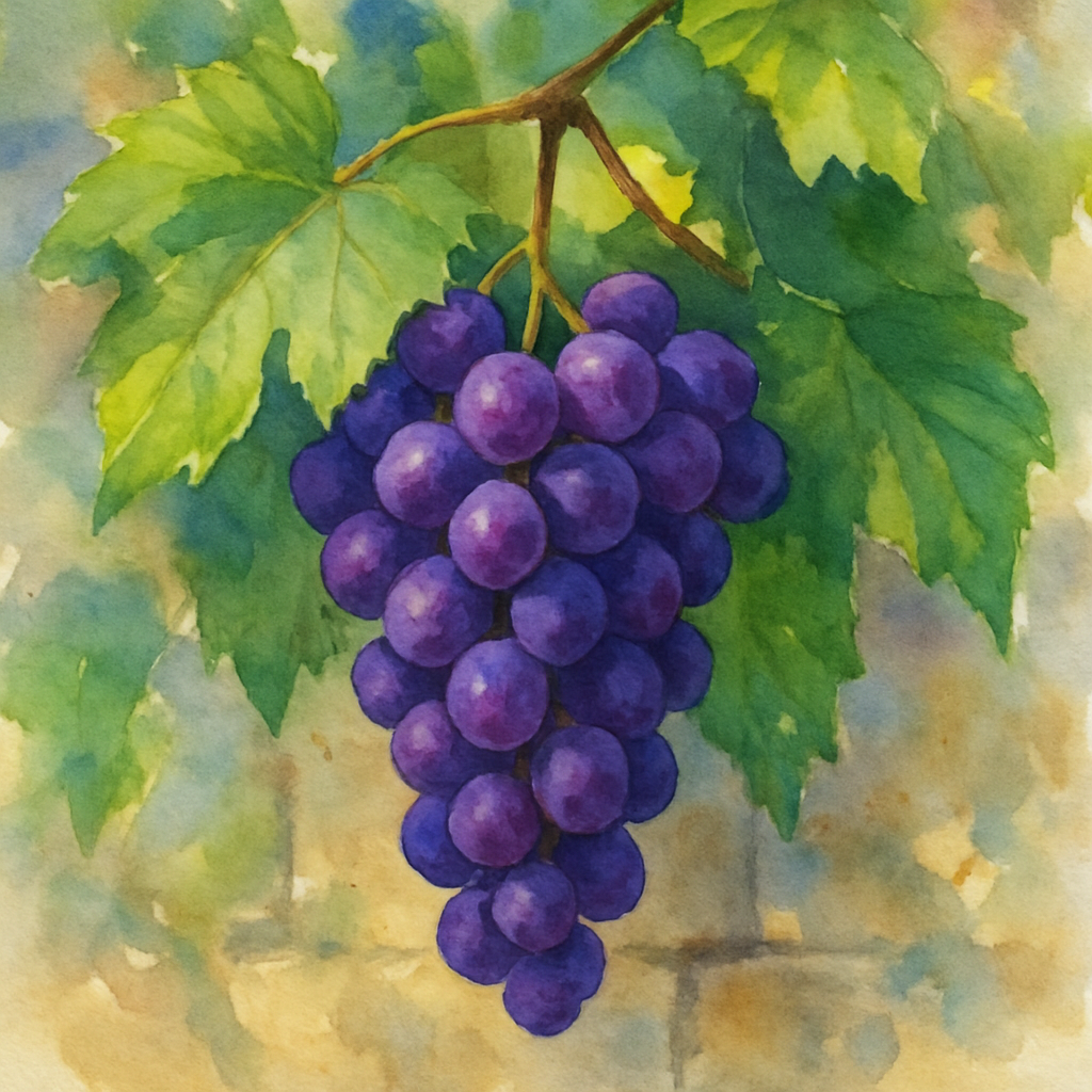 A small cluster of purple grapes hanging from a vine, with a few green leaves around them. Background: a hint of a stone wall, dappled sunlight. Watercolor style with rich purples and greens. No text 