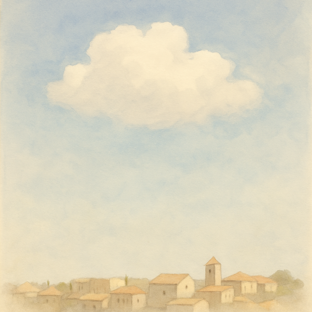 A single soft white cloud drifting across a pale blue sky. Below, the rooftops of a small Levantine village, miniature in the distance. The cloud is the focus, light and unhurried. Watercolor style wi