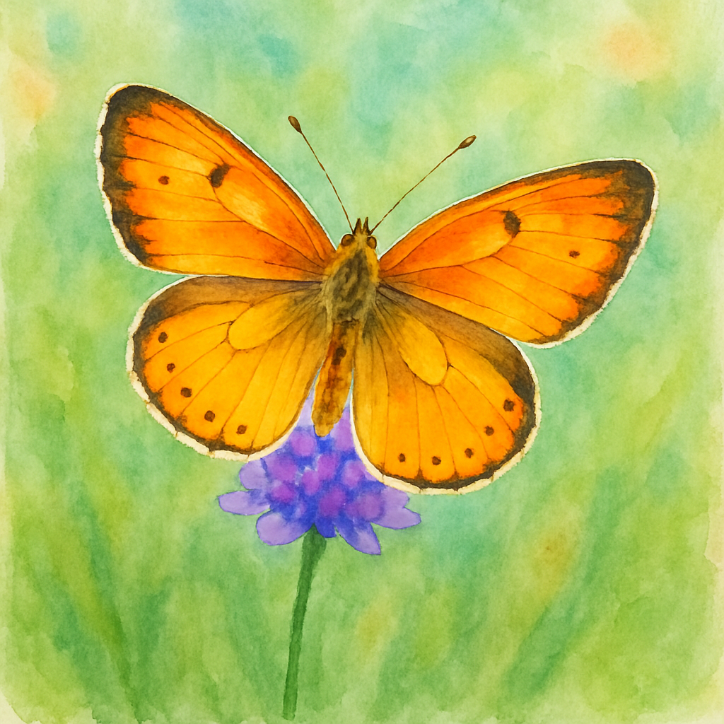 A single orange-and-yellow butterfly resting on a small purple wildflower. Wings open wide, showing delicate patterns. Background: soft green blur of grass. Watercolor style with bright warm colors. N