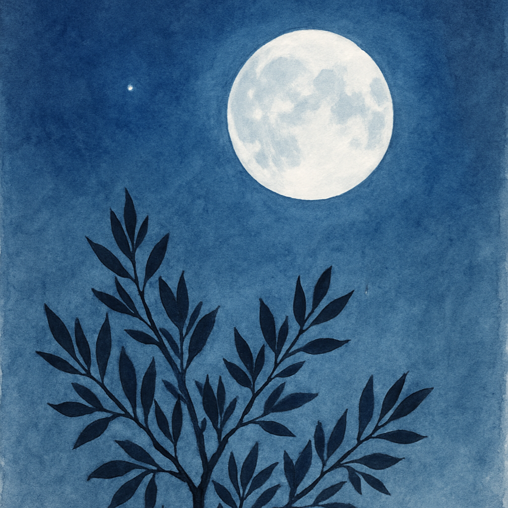 A full silver-white moon in a deep blue evening sky. One small star nearby. Below, the silhouette of an olive tree's branches reaching toward it. Watercolor style with quiet, calming tones. No text in