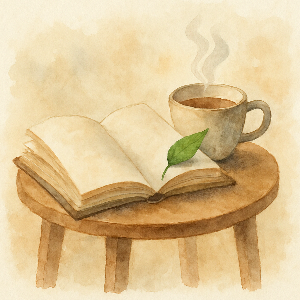 An open book resting on a small wooden table, the pages slightly curved as if being read. A small green leaf used as a bookmark peeks from one page. A cup of tea steaming gently beside it. Watercolor 