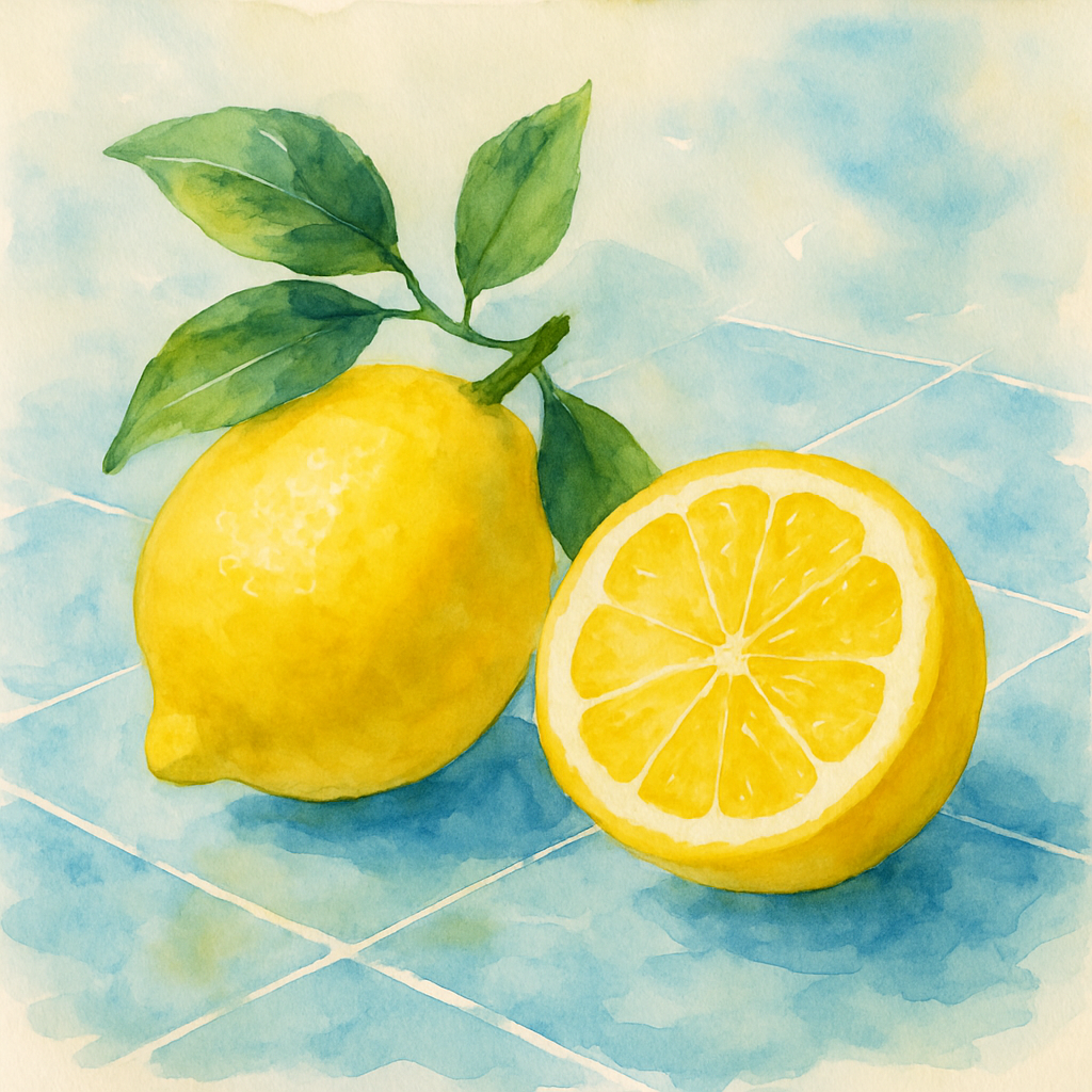 Two bright yellow lemons on a sky-blue tile counter, one whole, one cut in half with the bright pulp showing. A few green leaves still attached to the stem of the whole lemon. Watercolor style, fresh 