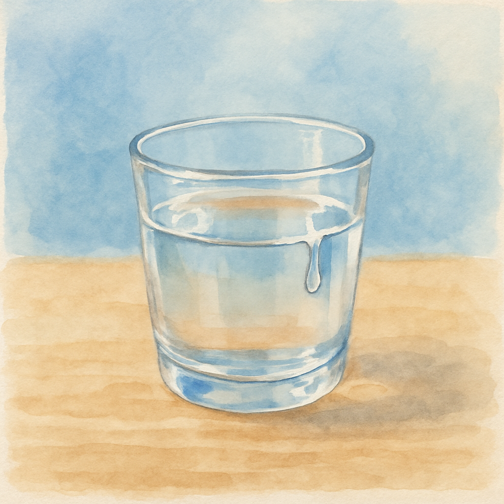 A small glass of clear water on a wooden table, with a single drop of condensation rolling down the side. Behind, a soft blue blur. The light catches the water's surface gently. Watercolor style, very