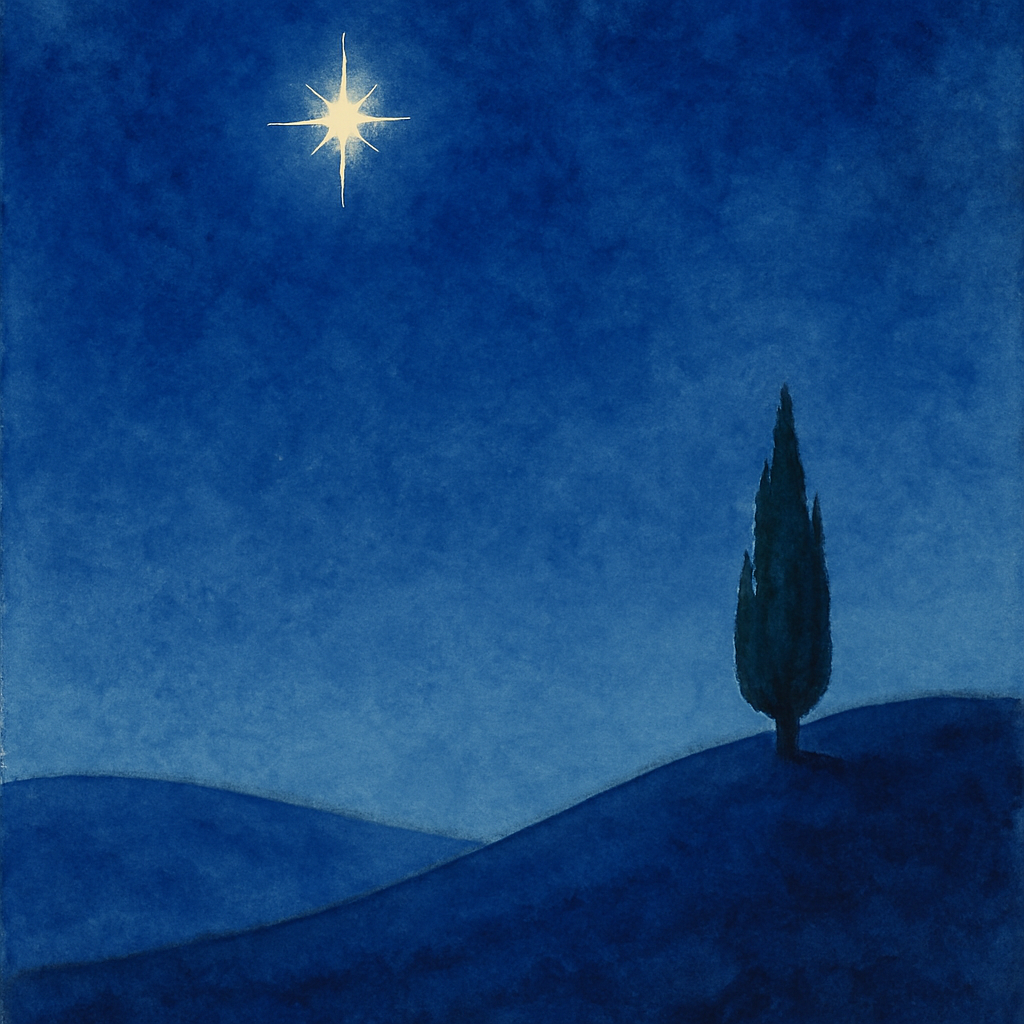 A single bright star in a deep indigo evening sky. Below, a curving Levantine hill with one small cypress tree. The star feels personal, like it's looking back at the reader. Watercolor style, deep bl