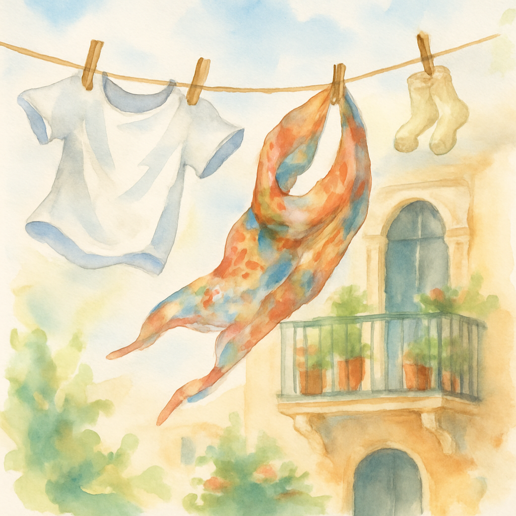 Laundry on a clothesline gently blown by a breeze — a small white shirt, a colorful headscarf, a tiny pair of socks. The clothes are mid-motion, lifted. In the background, a Levantine balcony with pot