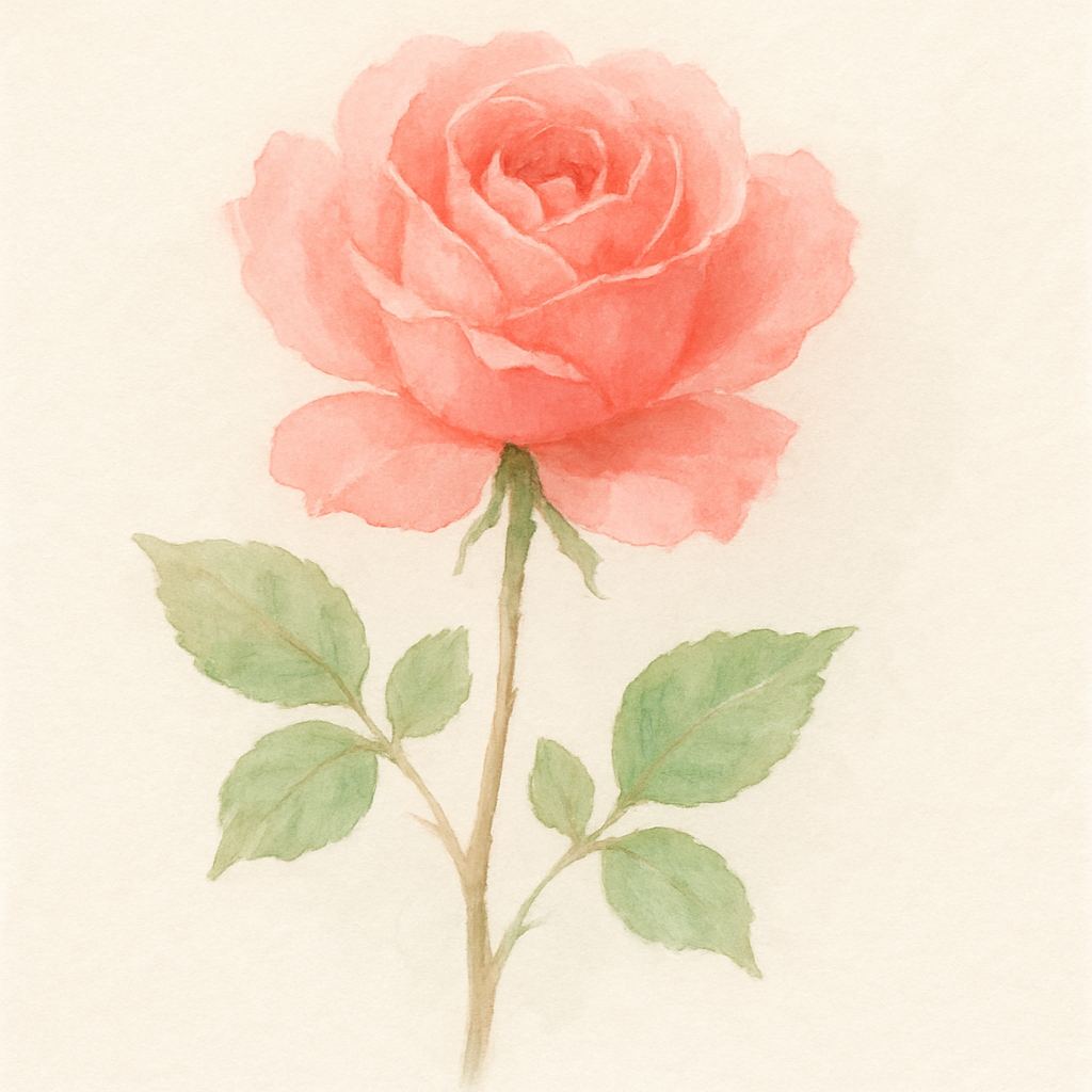 A single pink rose in full bloom, with green leaves and a delicate stem. Soft watercolor, the petals layered in light pinks and corals. Background almost white, so the rose feels like it's resting on 