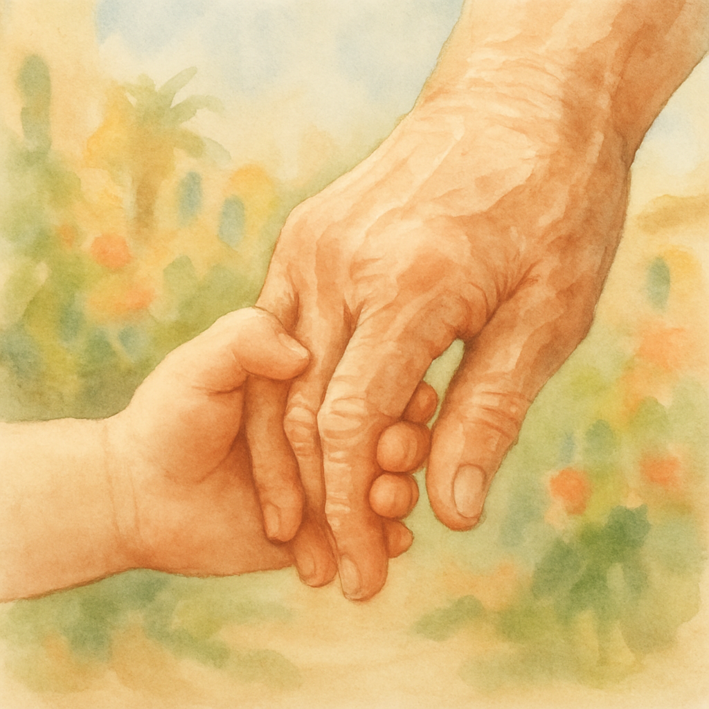 A small child's hand and a grandmother's hand, fingers gently intertwined. Just the two hands, in soft warm focus, against a blurred Levantine garden background. The grandmother's hand shows a few gen