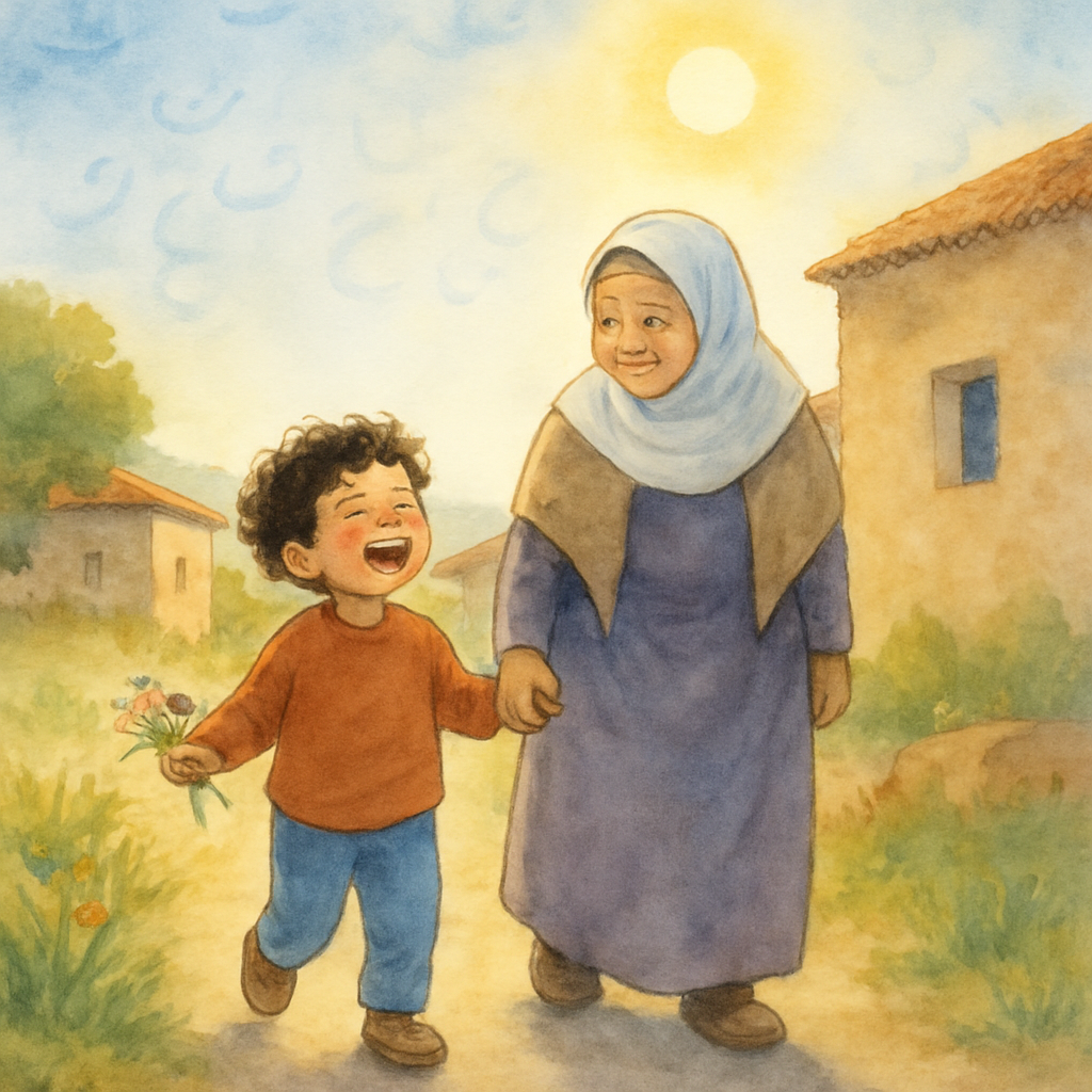 The same child and grandmother from the cover, now walking back toward home along the village path. The sun is higher in the sky, mid-morning. The child is carrying a tiny bouquet of wildflowers gathe