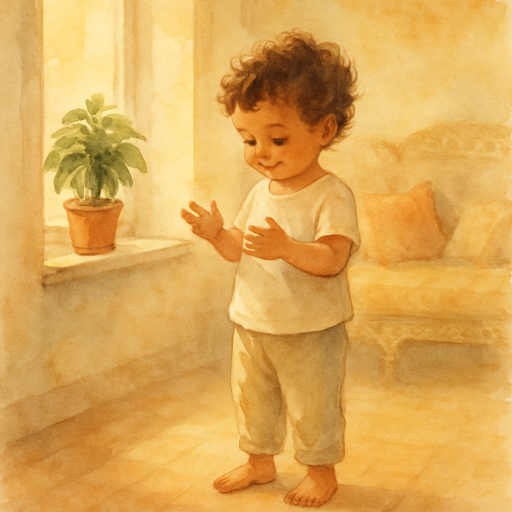 A soft watercolor illustration of a small child, around 4 years old, standing barefoot on a warm wooden floor in a sunlit Levantine living room. The child has light brown skin, curly hair, and a simpl