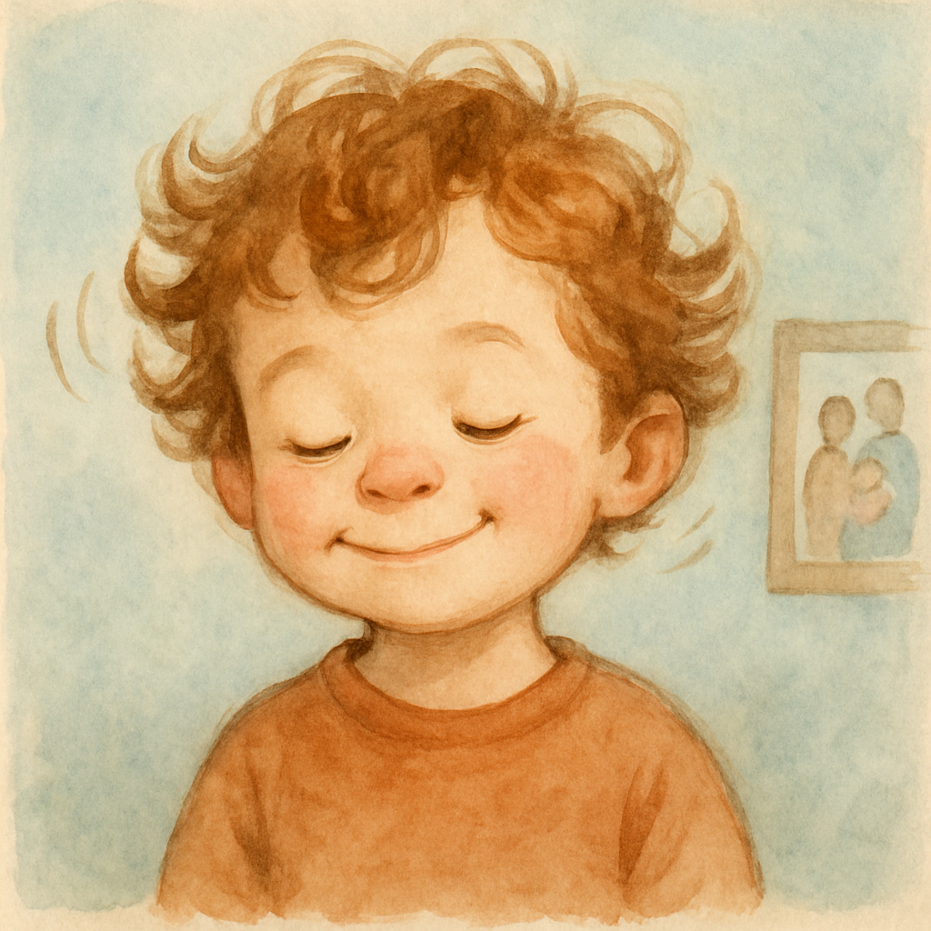 A small child shown from the shoulders up, gently nodding, eyes closed in a soft smile. Curly hair bouncing with the motion, shown by two faint motion lines. A pale blue wall behind, with a single fra
