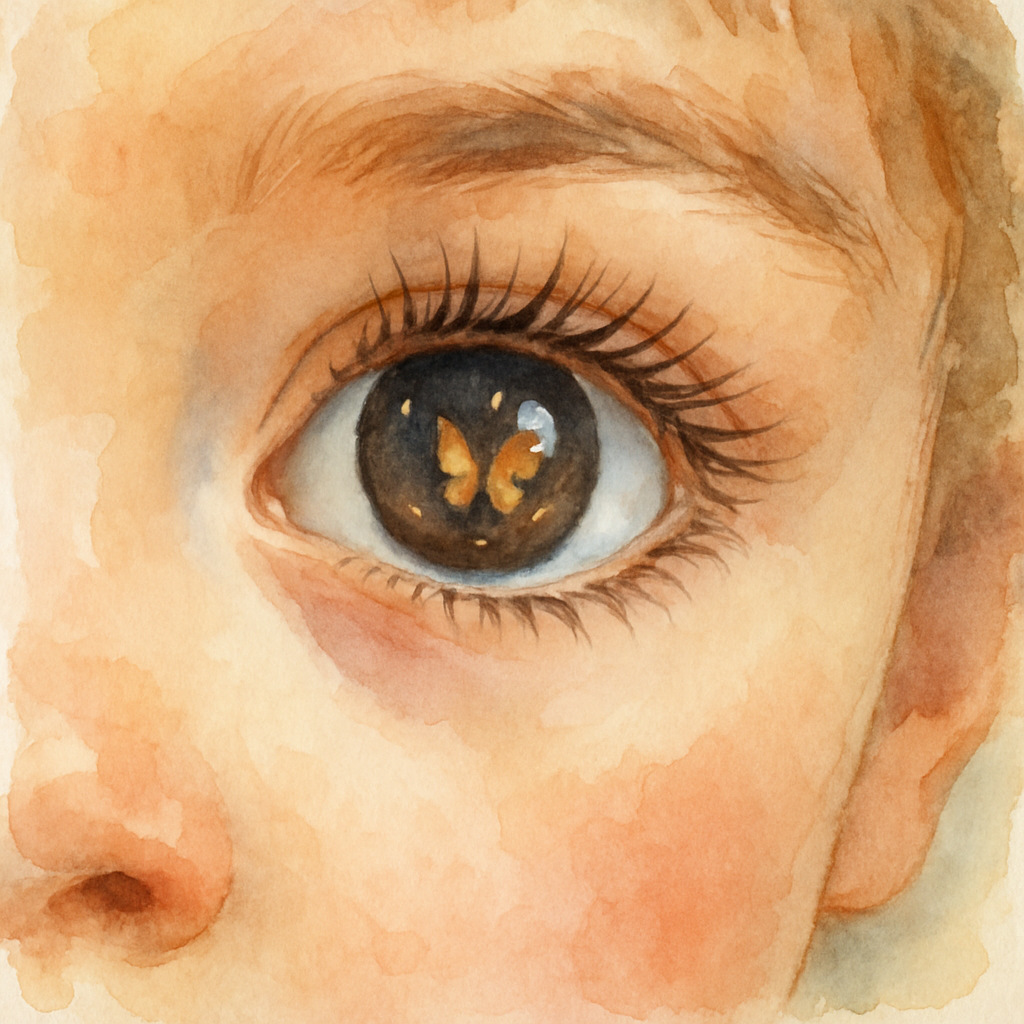 A close-up of one child's eye, wide and curious, long lashes, dark brown iris with tiny golden flecks. The reflection in the eye shows a small butterfly. Soft skin tones around. Watercolor style, gent