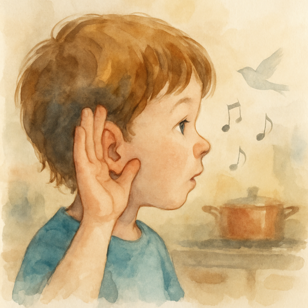A child shown from the side, one small hand cupped behind their ear, listening intently. Tiny musical notes and a soft bird drawn faintly in the air near the ear, like sounds floating in. A blurred ki