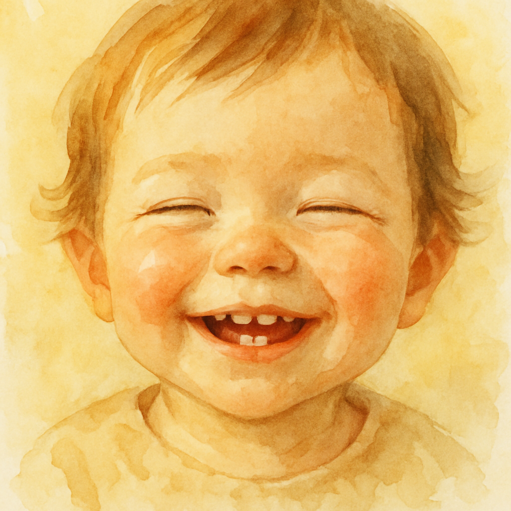 A close-up of a child's face, a wide gentle smile with two small front teeth showing, cheeks lifted, eyes crinkled at the corners. Warm light on the skin. Background a soft blur of pale yellow. Waterc