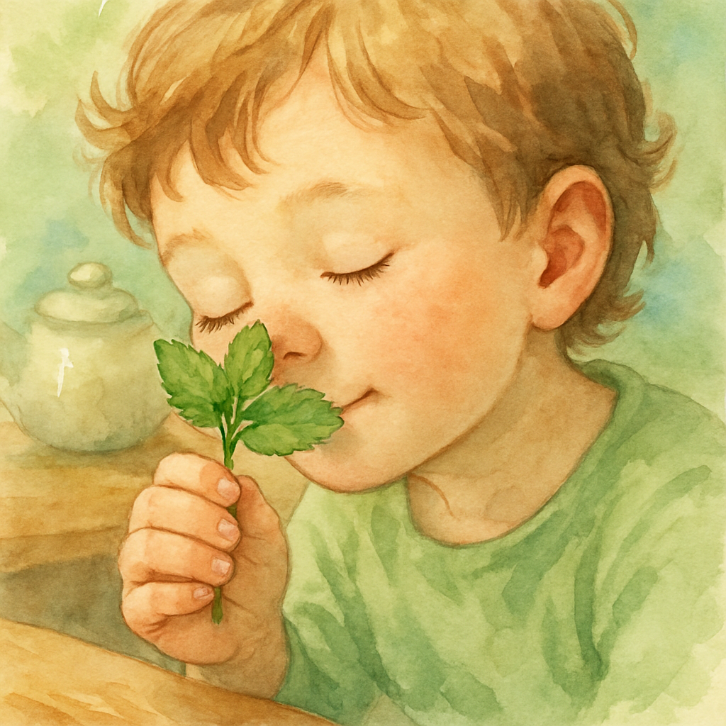 A child leaning over a small sprig of fresh mint held in their fingers, nose close, eyes half-closed in pleasure. A soft green leaf brushing the tip of the nose. Background: a wooden kitchen table wit