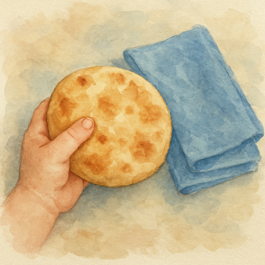 A small child's hand holding a single round piece of warm flatbread, fingers gentle around it. The bread is golden-brown. A folded blue cotton napkin beside. Watercolor style, soft and homey. Watercol