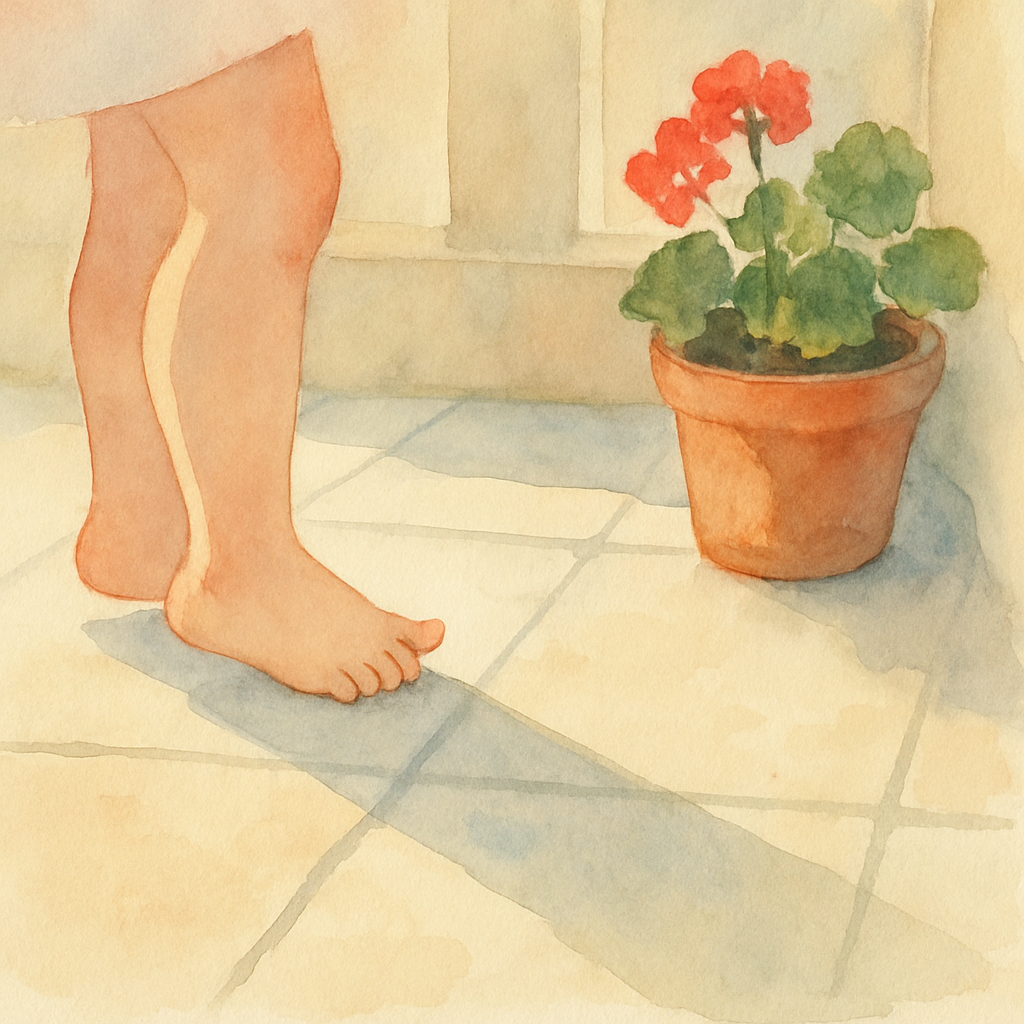 A pair of small bare feet mid-step on a stone-tiled balcony floor, one foot lifted slightly. A potted geranium in the corner of the frame. Pale morning shadow stretching beside the feet. Watercolor st